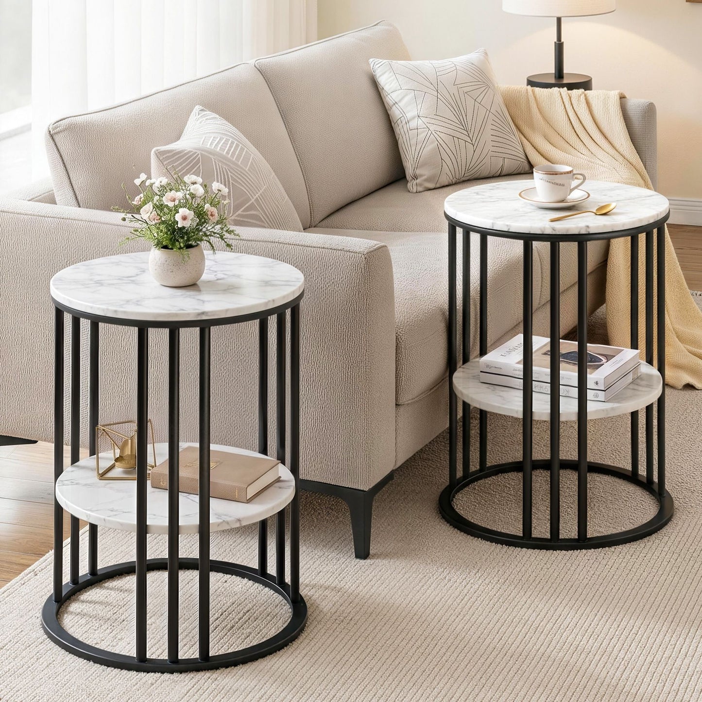 Marble Effect Side Tables Set of 2 Two-Tier | HomeAndLiving