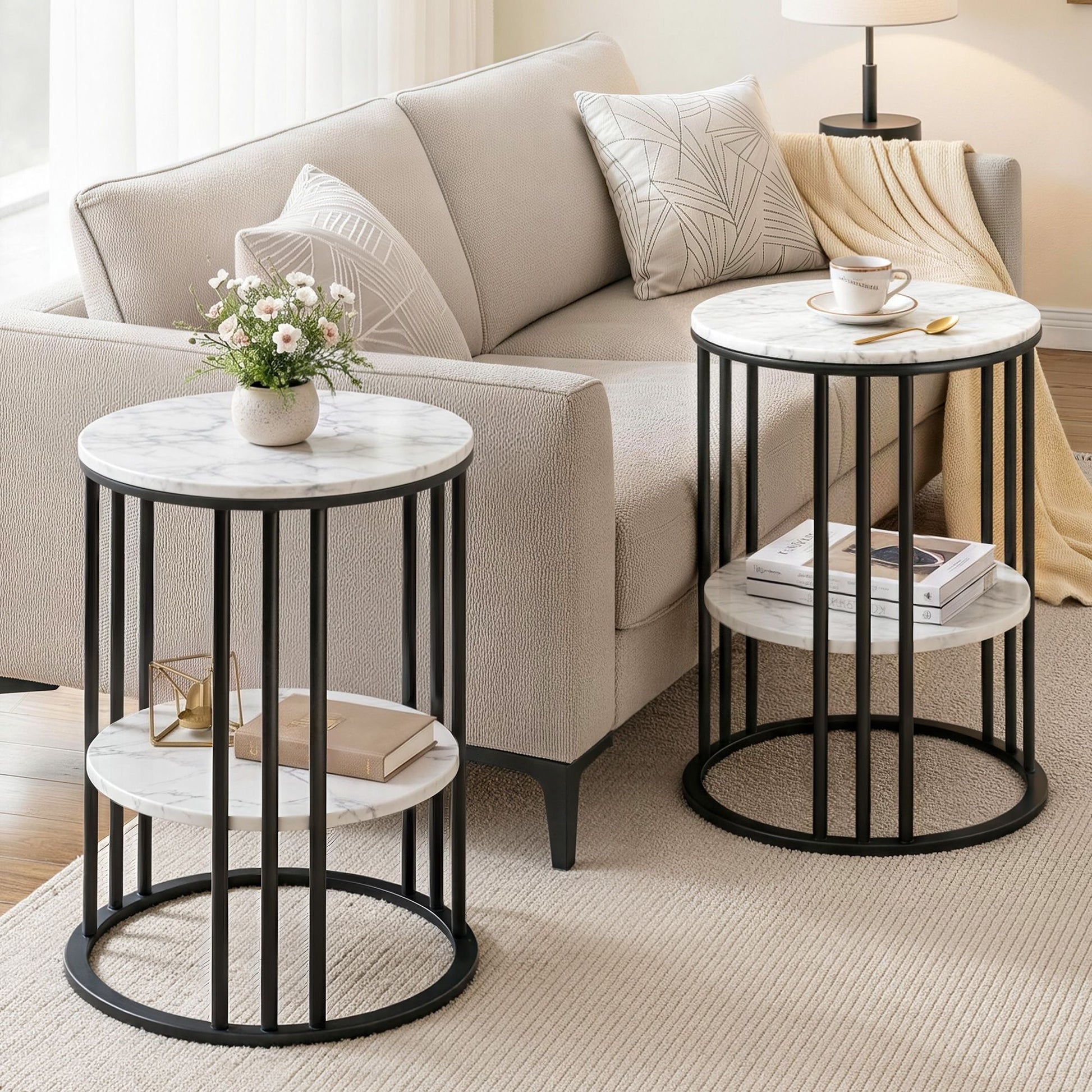 Marble Effect Side Tables Set of 2 Two-Tier | HomeAndLiving