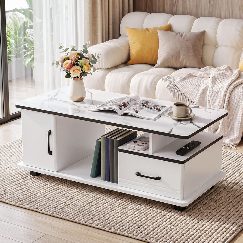 Marble Coffee Table Storage Drawer White | HomeAndLiving