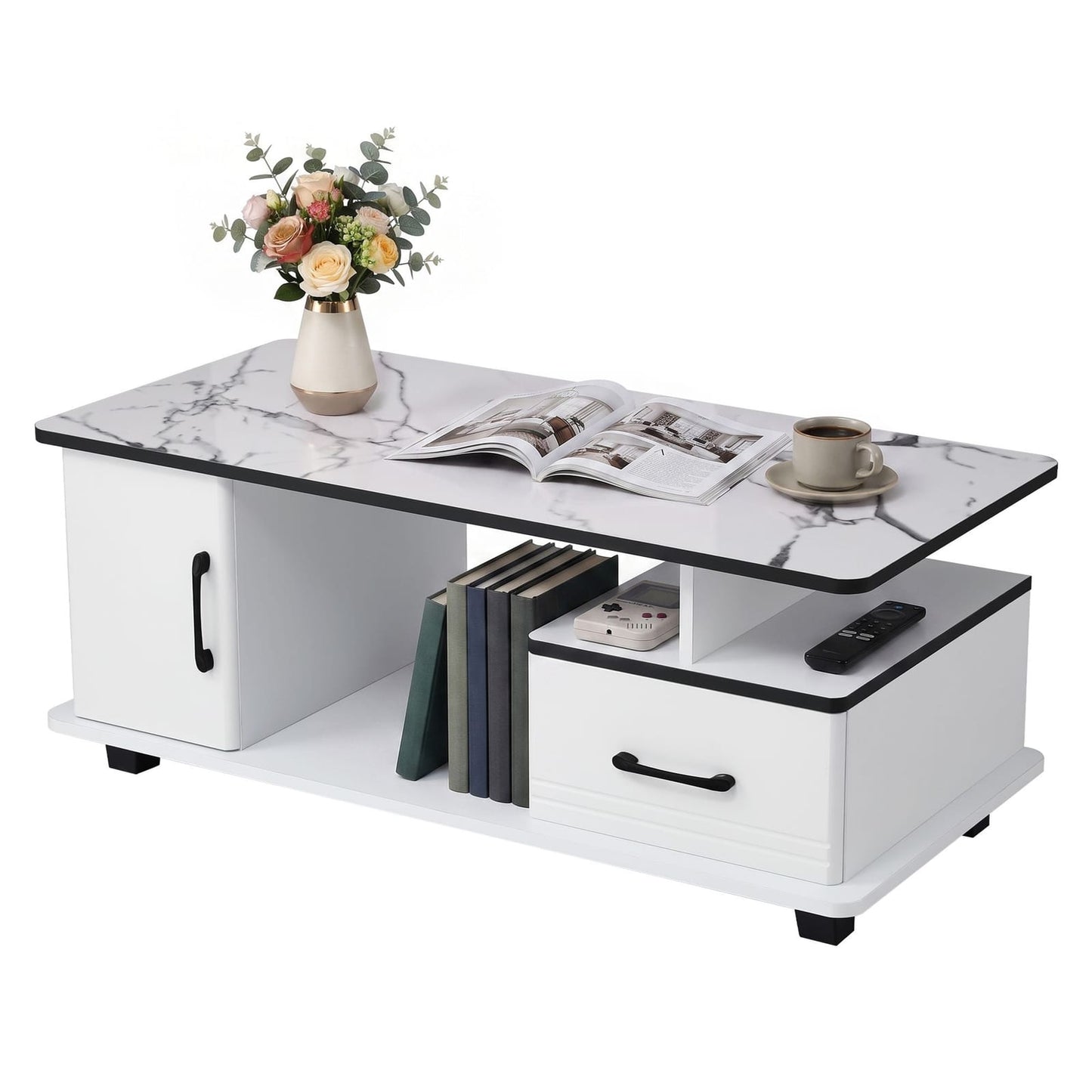 Marble Coffee Table Storage Drawer White | HomeAndLiving - 2
