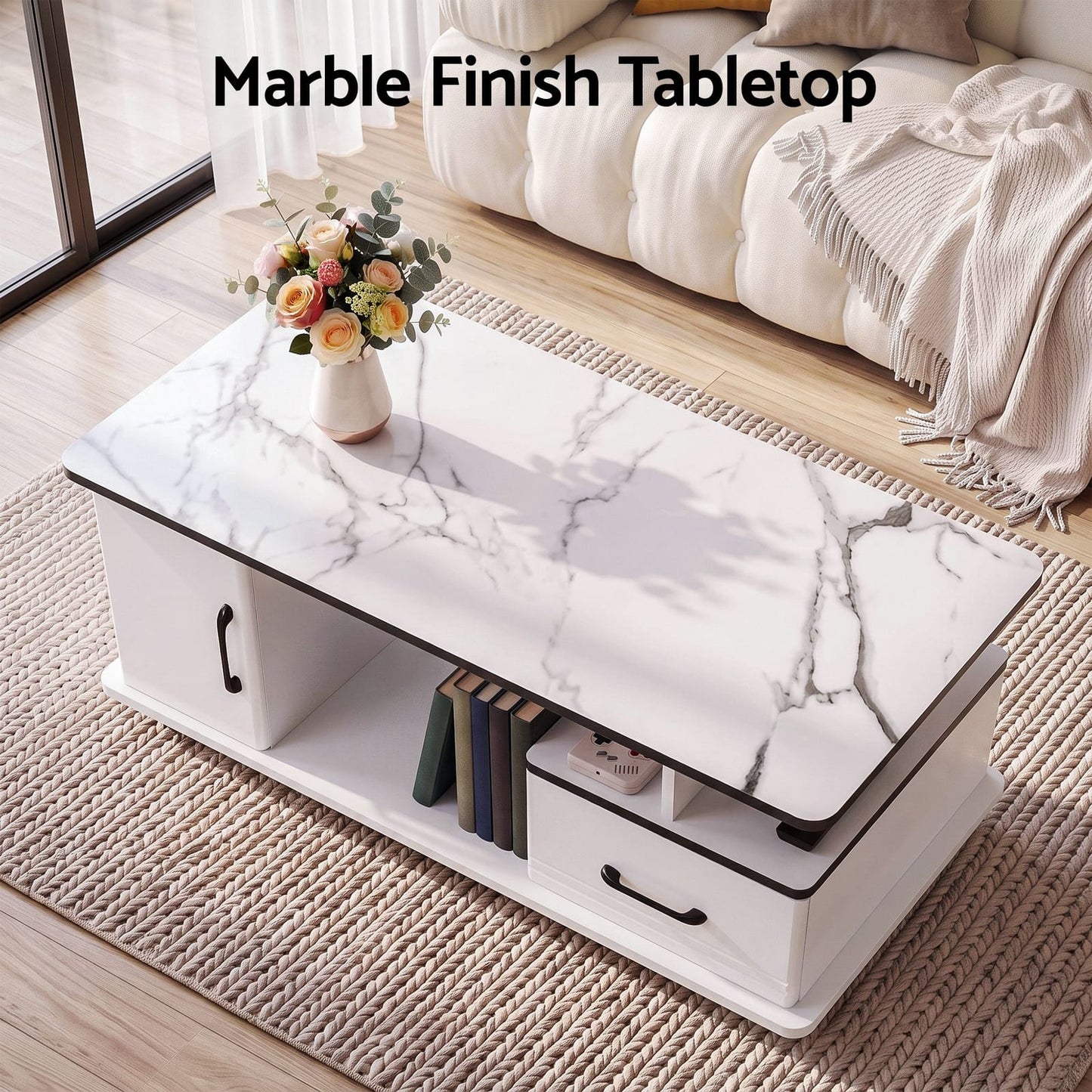 Marble Coffee Table Storage Drawer White | HomeAndLiving - 6