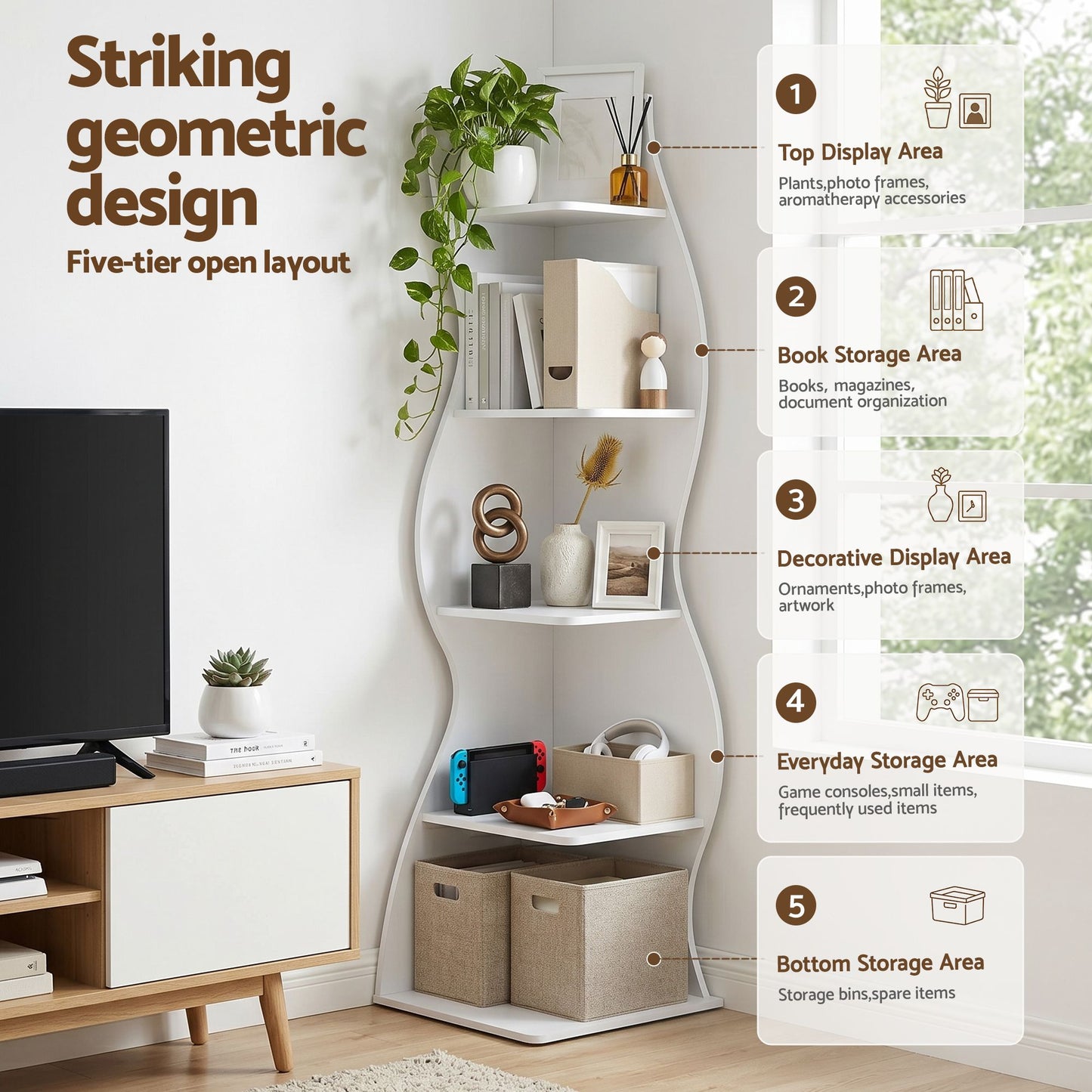 5-Tier Corner Bookshelf S-Shaped White | HomeAndLiving - 5