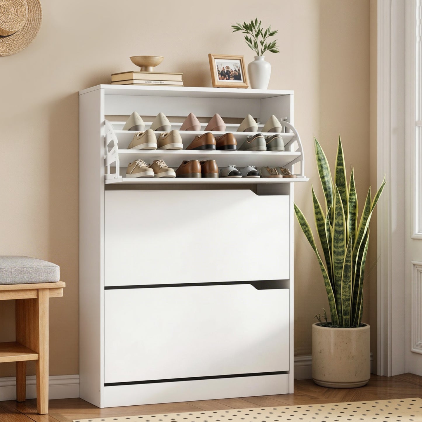 Shoe Cabinet 24 Pairs 6 Tier Flip Door White | HomeAndLiving
