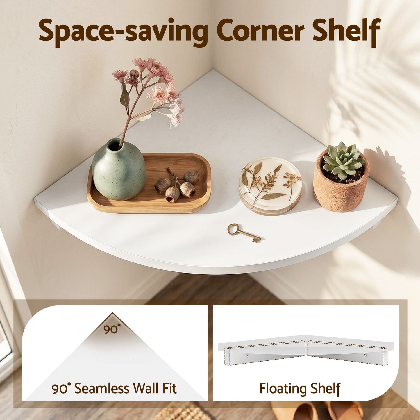 Corner Floating Wall Shelf White Round Edge | HomeAndLiving