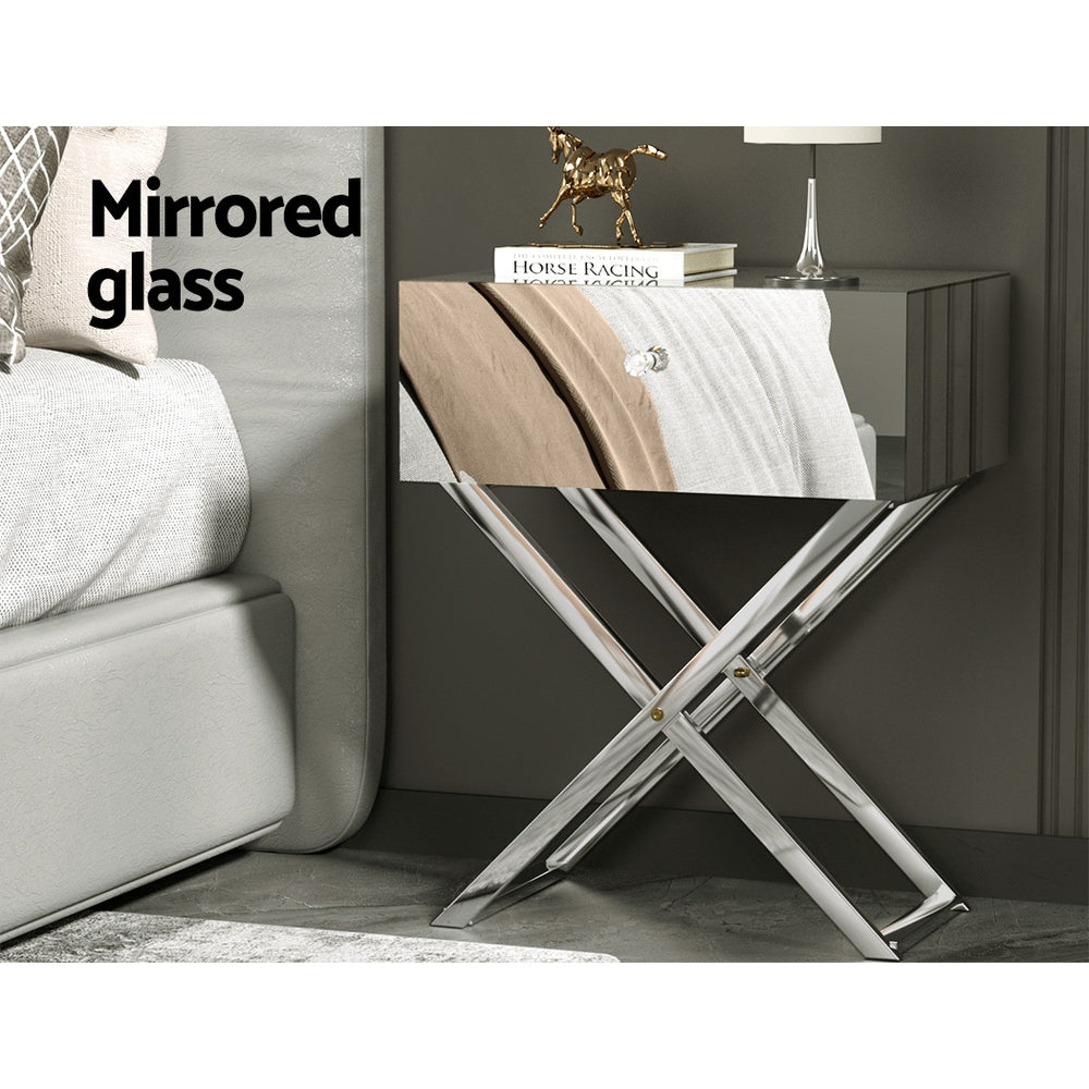 Mirrored Bedside Table Drawers Side Table Storage Nightstand Silver Moco