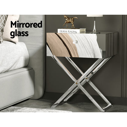 Mirrored Bedside Table Drawers Side Table Storage Nightstand Silver Moco