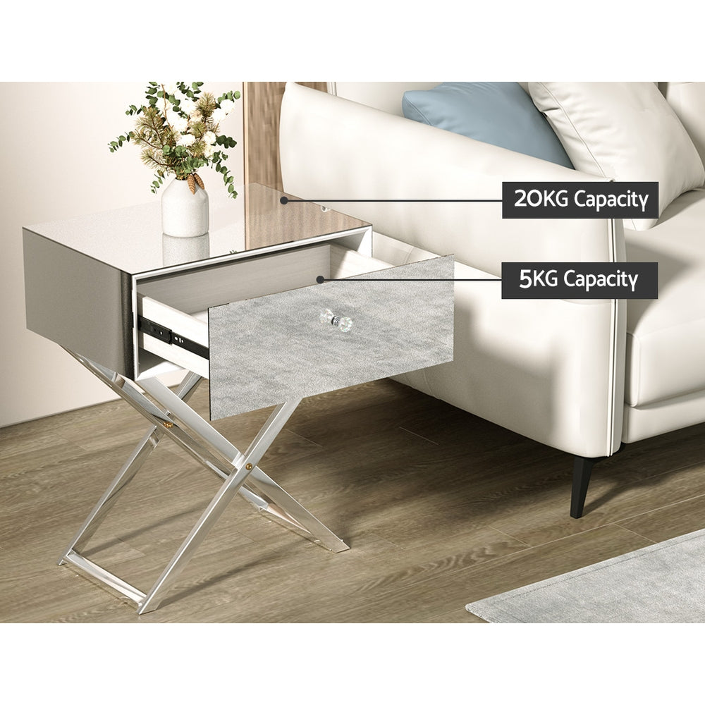 Mirrored Bedside Table Drawers Side Table Storage Nightstand Silver Moco