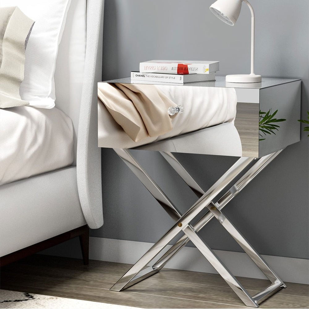Mirrored Bedside Table Drawers Side Table Storage Nightstand Silver Moco