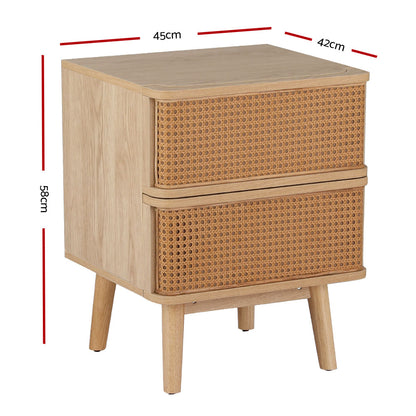 Rattan Bedside Table Drawers Side End Table Storage Nightstand Oak Nora
