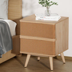Rattan Bedside Table Drawers Side End Table Storage Nightstand Oak Nora