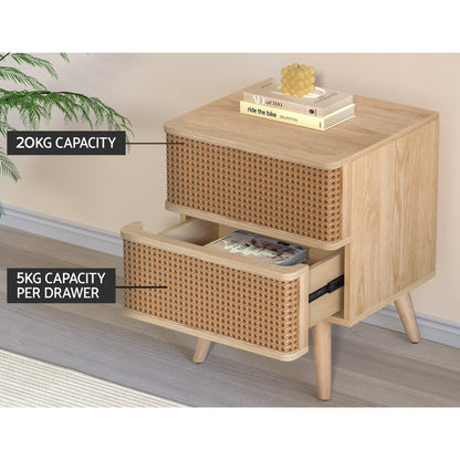 Rattan Bedside Table Drawers Side End Table Storage Nightstand Oak Nora