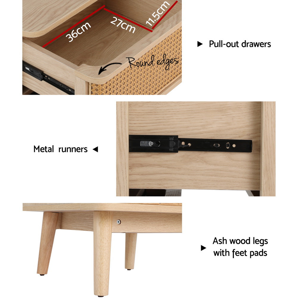 Rattan Bedside Table Drawers Side End Table Storage Nightstand Oak Nora