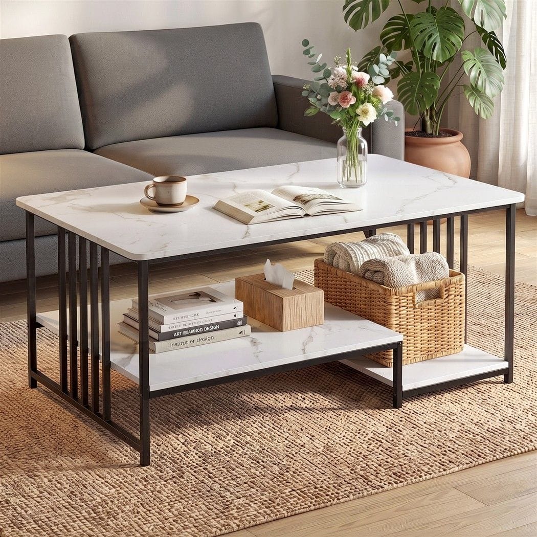 Coffee Table Faux Marble 2-Tier 100x60x45cm