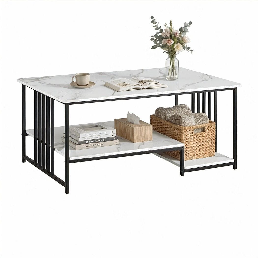 Coffee Table Faux Marble 2-Tier 100x60x45cm