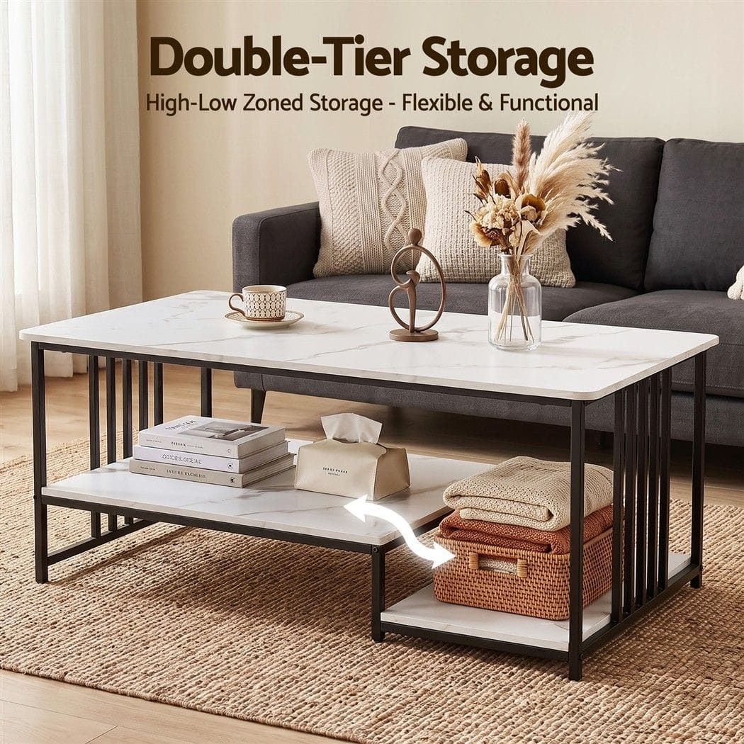 Coffee Table Faux Marble 2-Tier 100x60x45cm