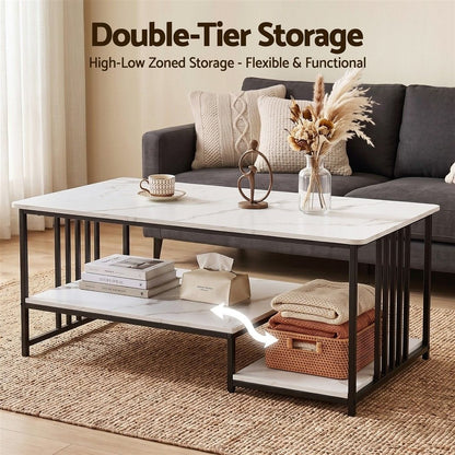 Coffee Table Faux Marble 2-Tier 100x60x45cm