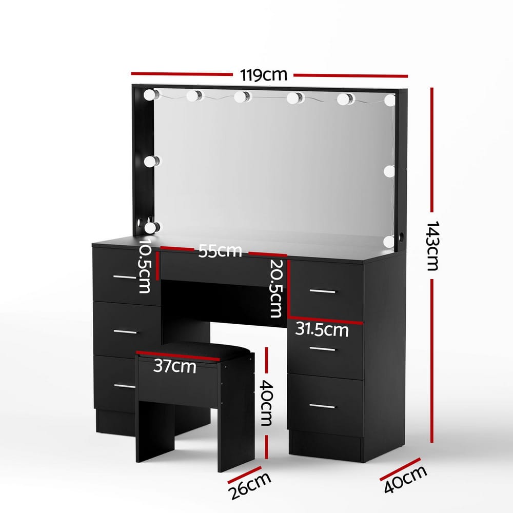 Vanity Desk Black Led Makeup 119x40x143cm