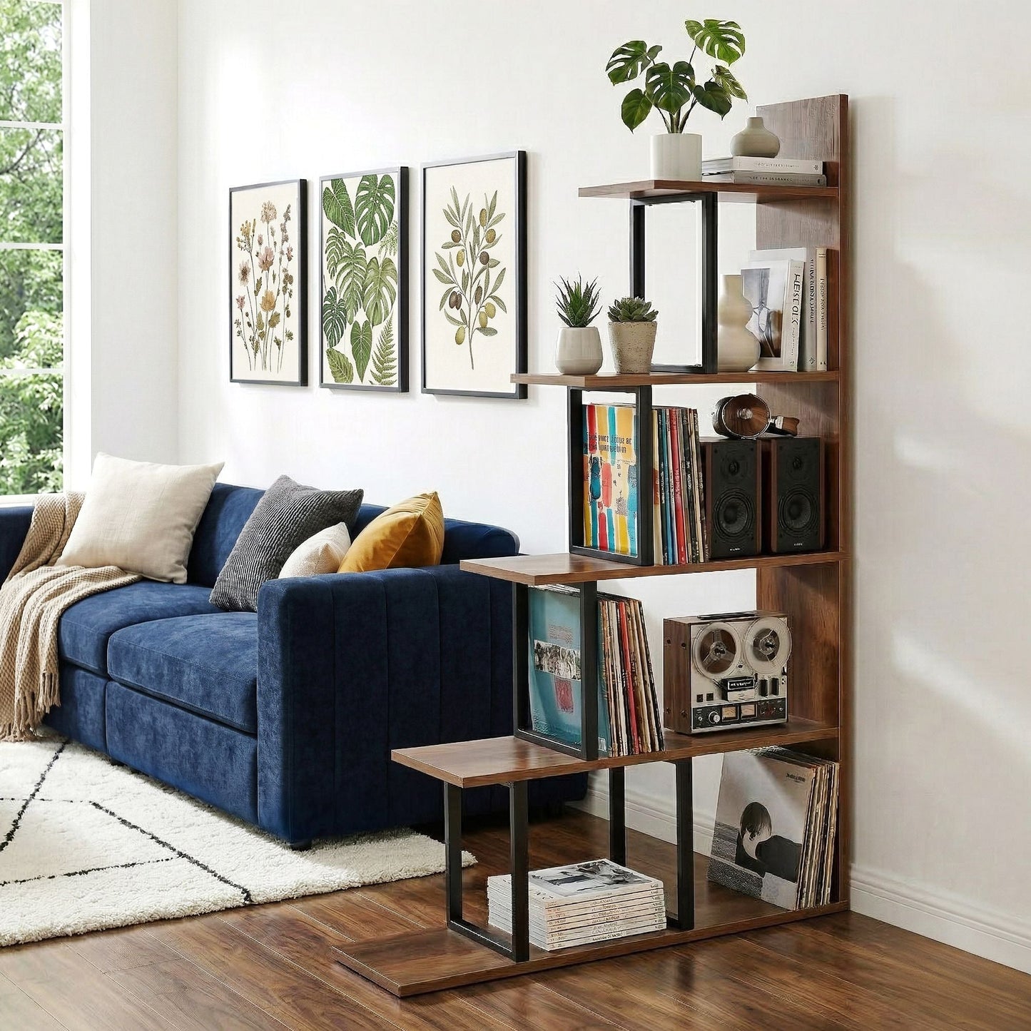 5 Tier Corner Ladder Bookshelf Walnut Bookcase | Home & Living