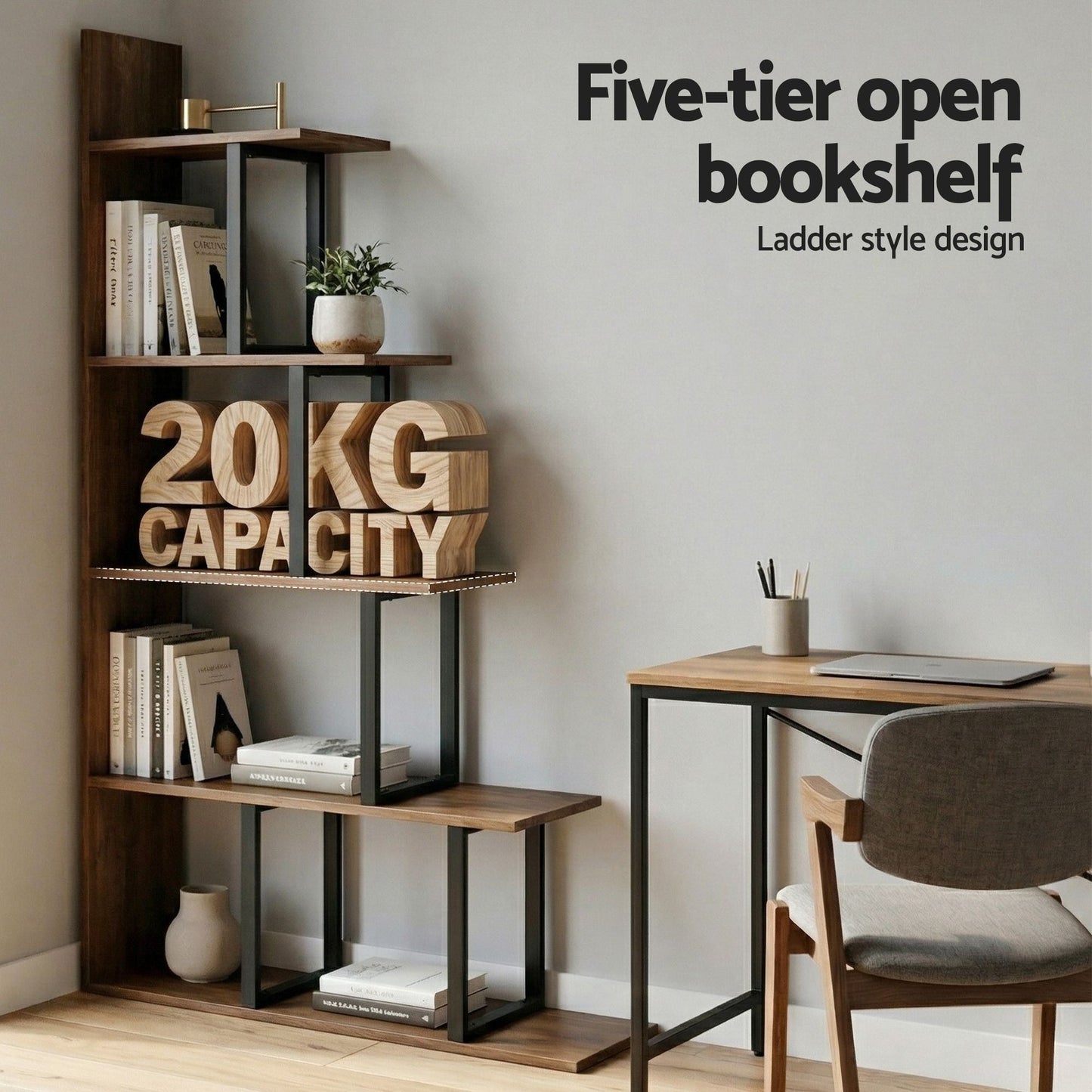 5 Tier Corner Ladder Bookshelf Walnut Bookcase | Home & Living - 5
