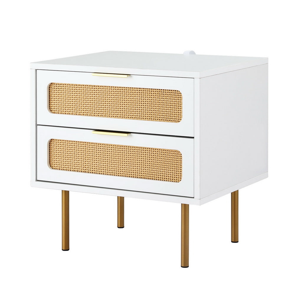2-Drawer Pine Rattan Bedside Table Modern Bedroom Nightstand Furniture