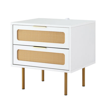 2-Drawer Pine Rattan Bedside Table Modern Bedroom Nightstand Furniture