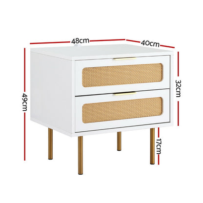2-Drawer Pine Rattan Bedside Table Modern Bedroom Nightstand Furniture