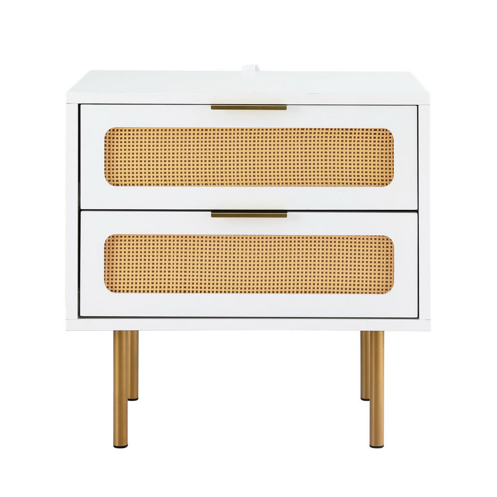 2-Drawer Pine Rattan Bedside Table Modern Bedroom Nightstand Furniture