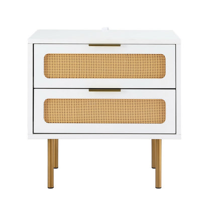 2-Drawer Pine Rattan Bedside Table Modern Bedroom Nightstand Furniture