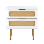 2-Drawer Pine Rattan Bedside Table Modern Bedroom Nightstand Furniture