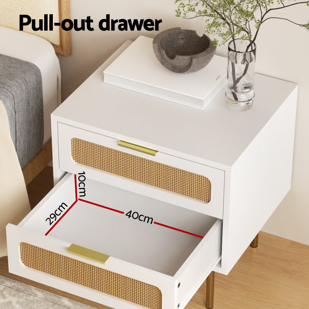 2-Drawer Pine Rattan Bedside Table Modern Bedroom Nightstand Furniture