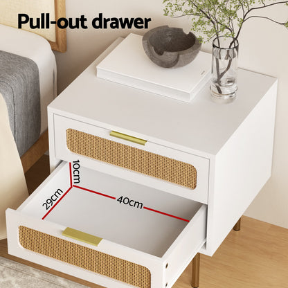 2-Drawer Pine Rattan Bedside Table Modern Bedroom Nightstand Furniture