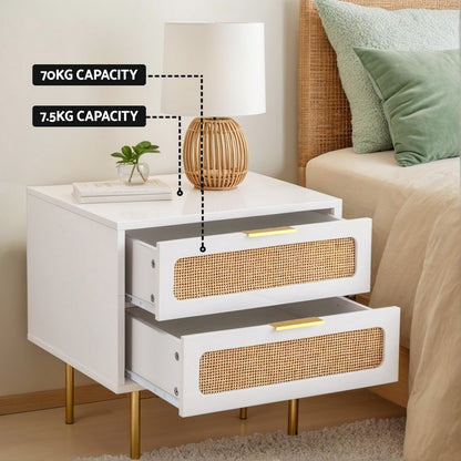2-Drawer Pine Rattan Bedside Table Modern Bedroom Nightstand Furniture