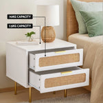 2-Drawer Pine Rattan Bedside Table Modern Bedroom Nightstand Furniture