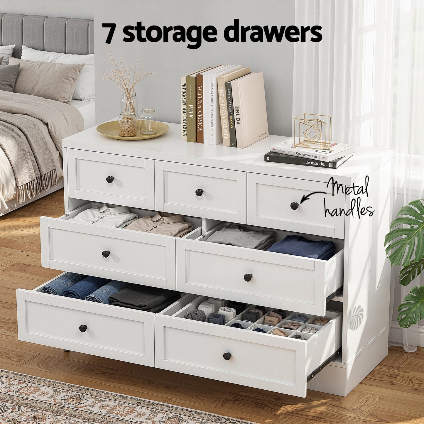 White 7 Drawer Chest 110x39x72cm