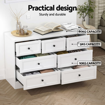 White 7 Drawer Chest 110x39x72cm