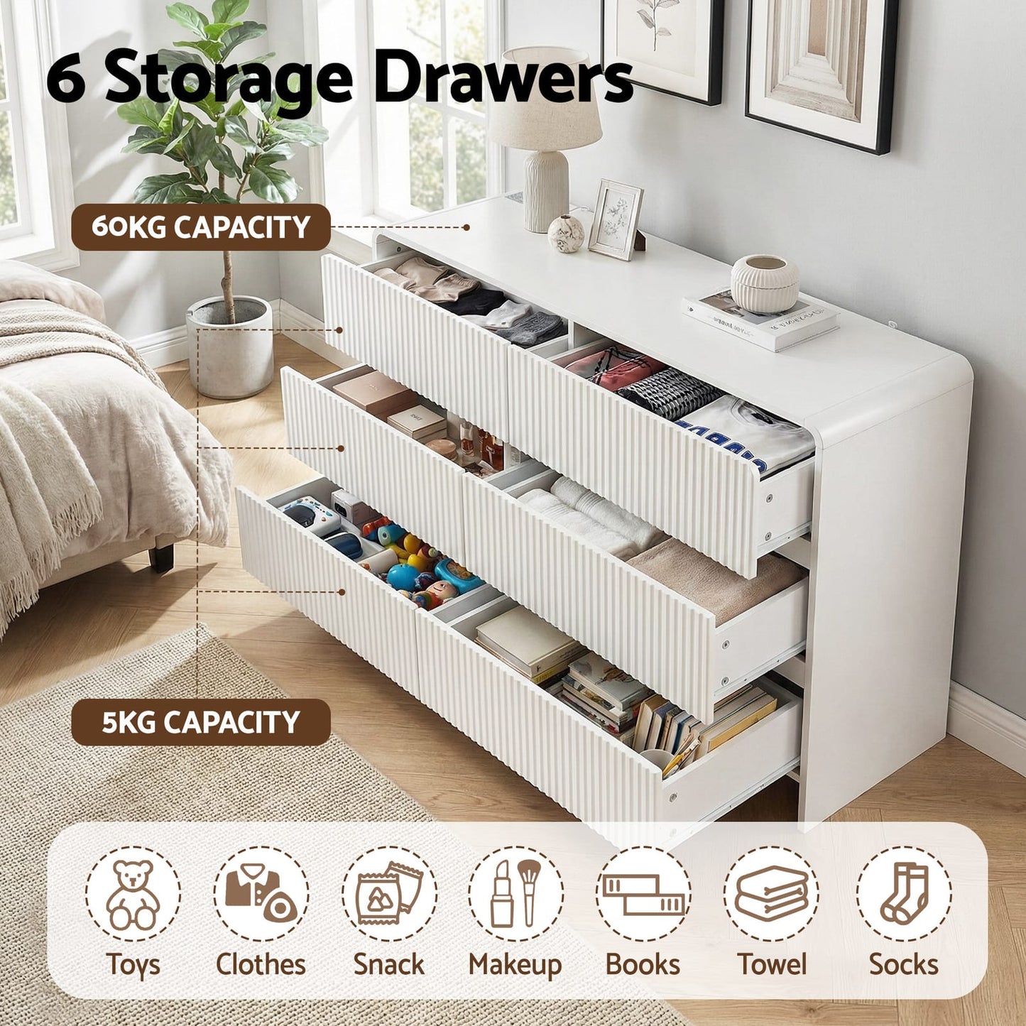 Beige 6 Drawer Chest 120x40x75.5cm