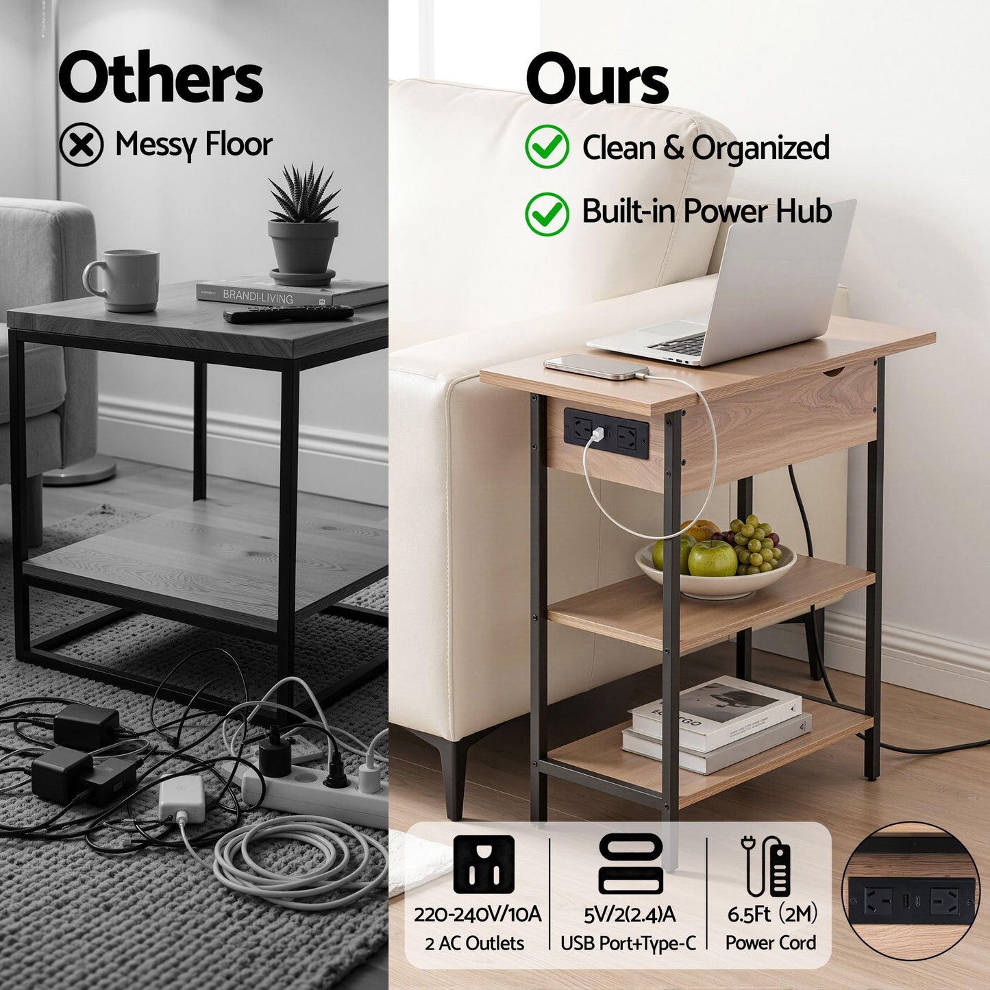 Flip-Top Side Table Charging Station 60cm | HomeAndLiving
