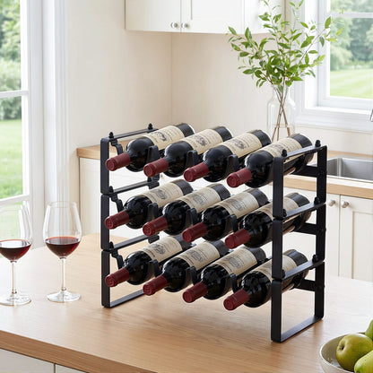 Metal Wine Rack 12 Bottle Freestanding Black | HomeAndLiving
