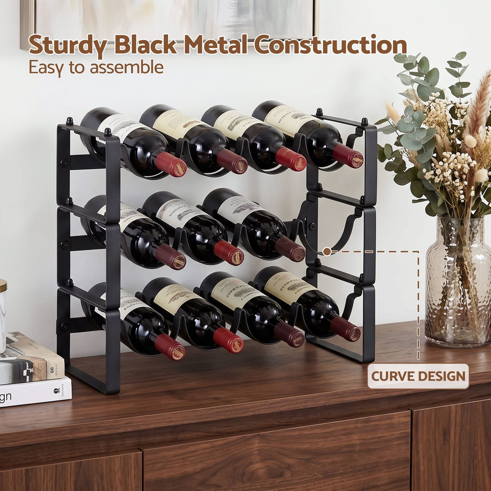 Metal Wine Rack 12 Bottle Freestanding Black | HomeAndLiving - 7