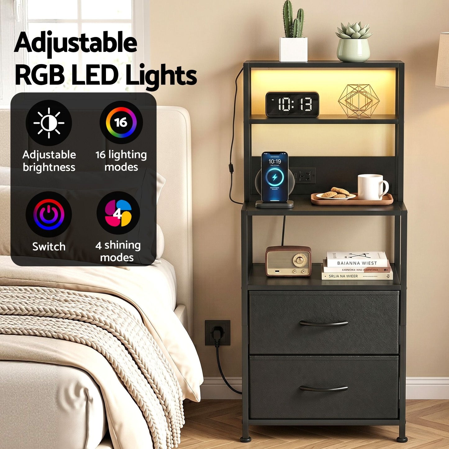 Bedside Table Charging Station LED Nightstand | Home & Living - 5