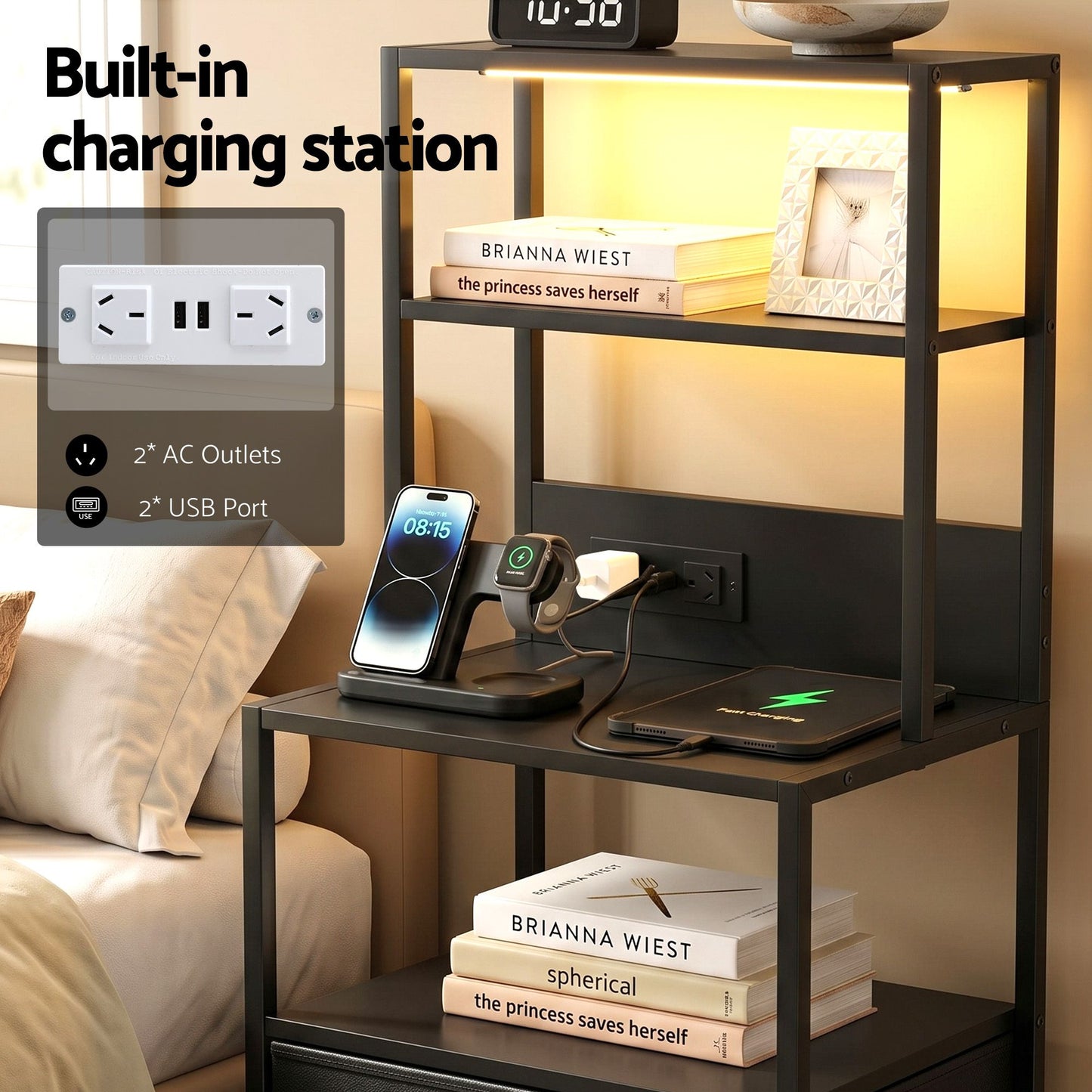Bedside Table Charging Station LED Nightstand | Home & Living - 6