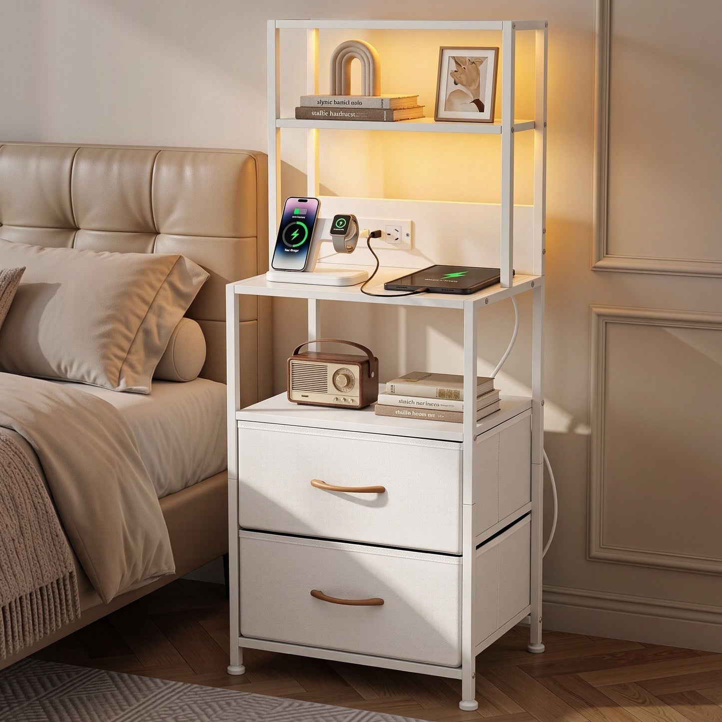 Bedside Table Nightstand Charging Station Drawers LED | Home & Living
