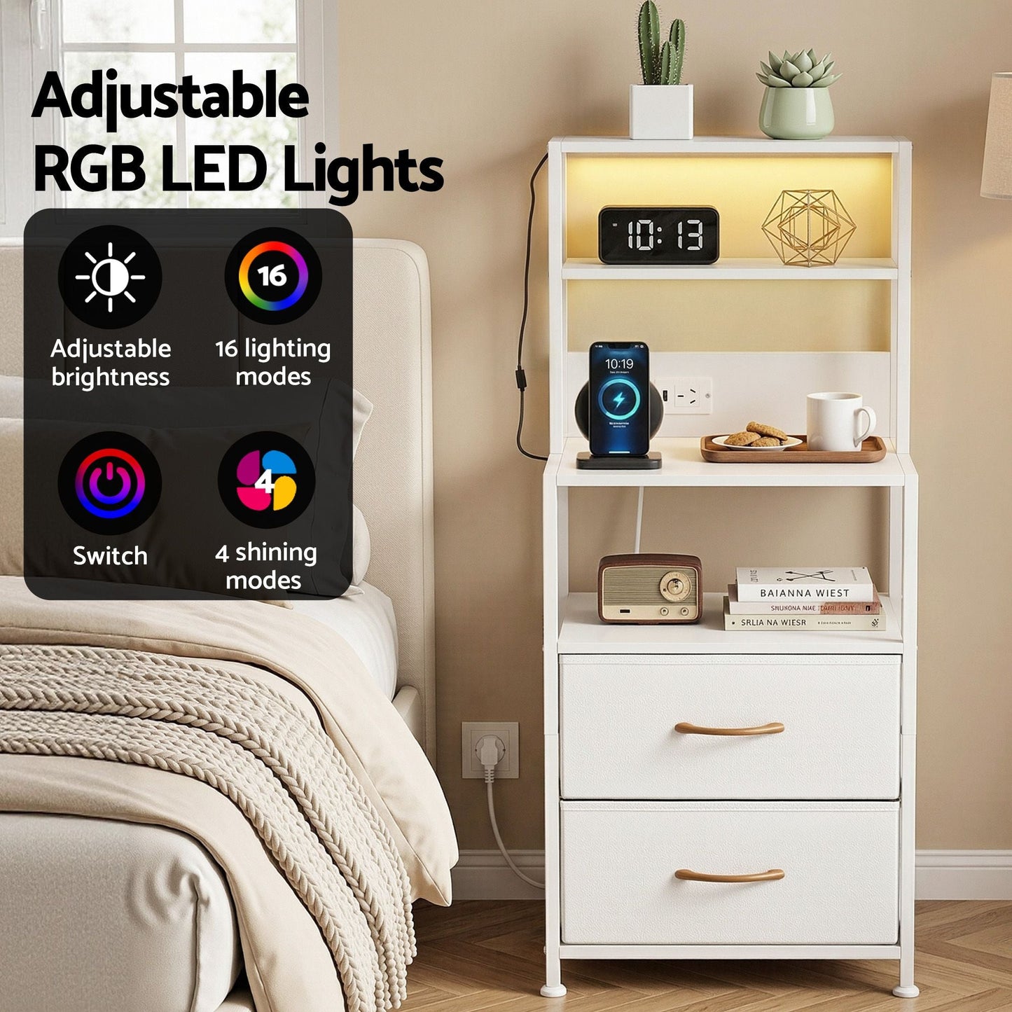 Bedside Table Nightstand Charging Station Drawers LED | Home & Living - 5