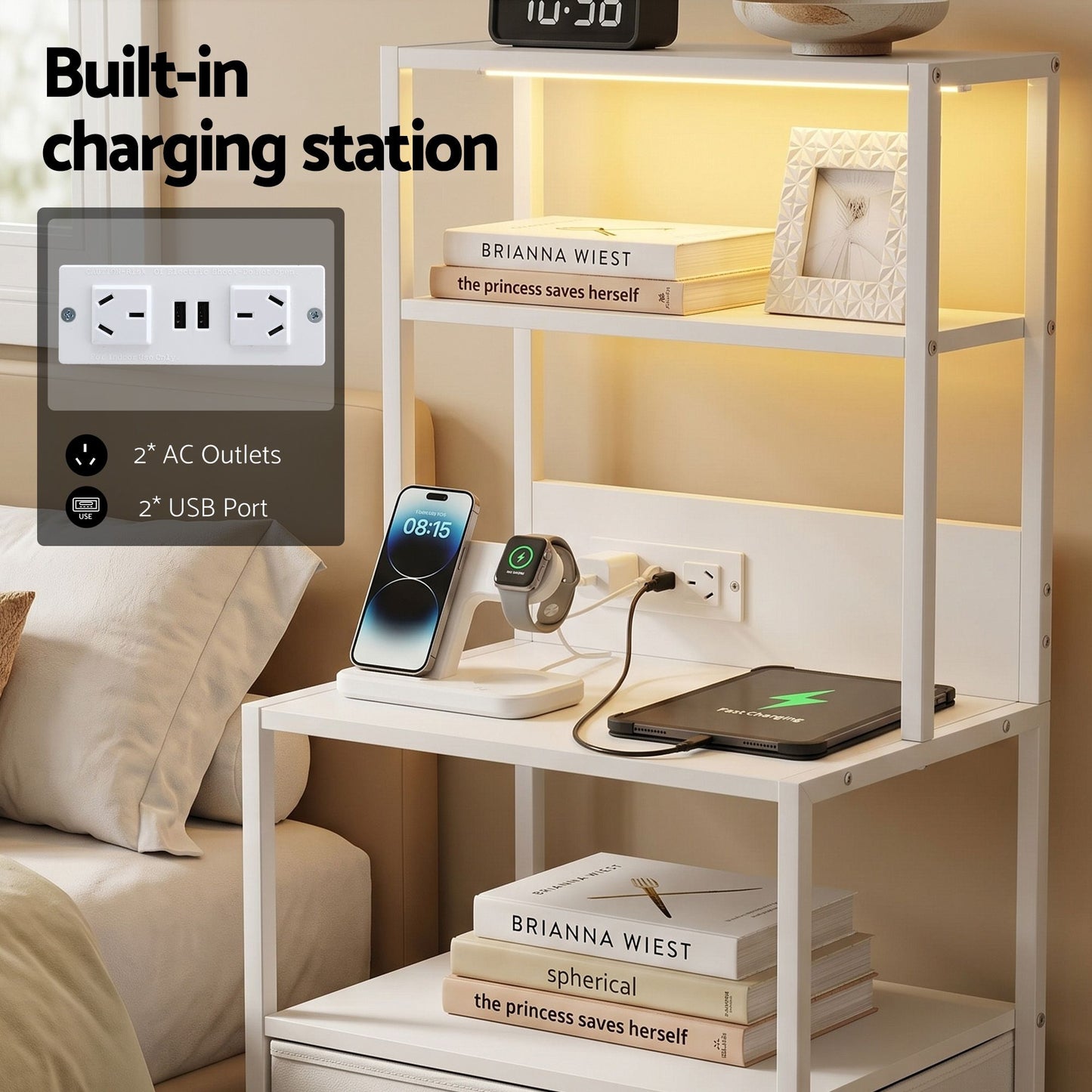 Bedside Table Nightstand Charging Station Drawers LED | Home & Living - 6