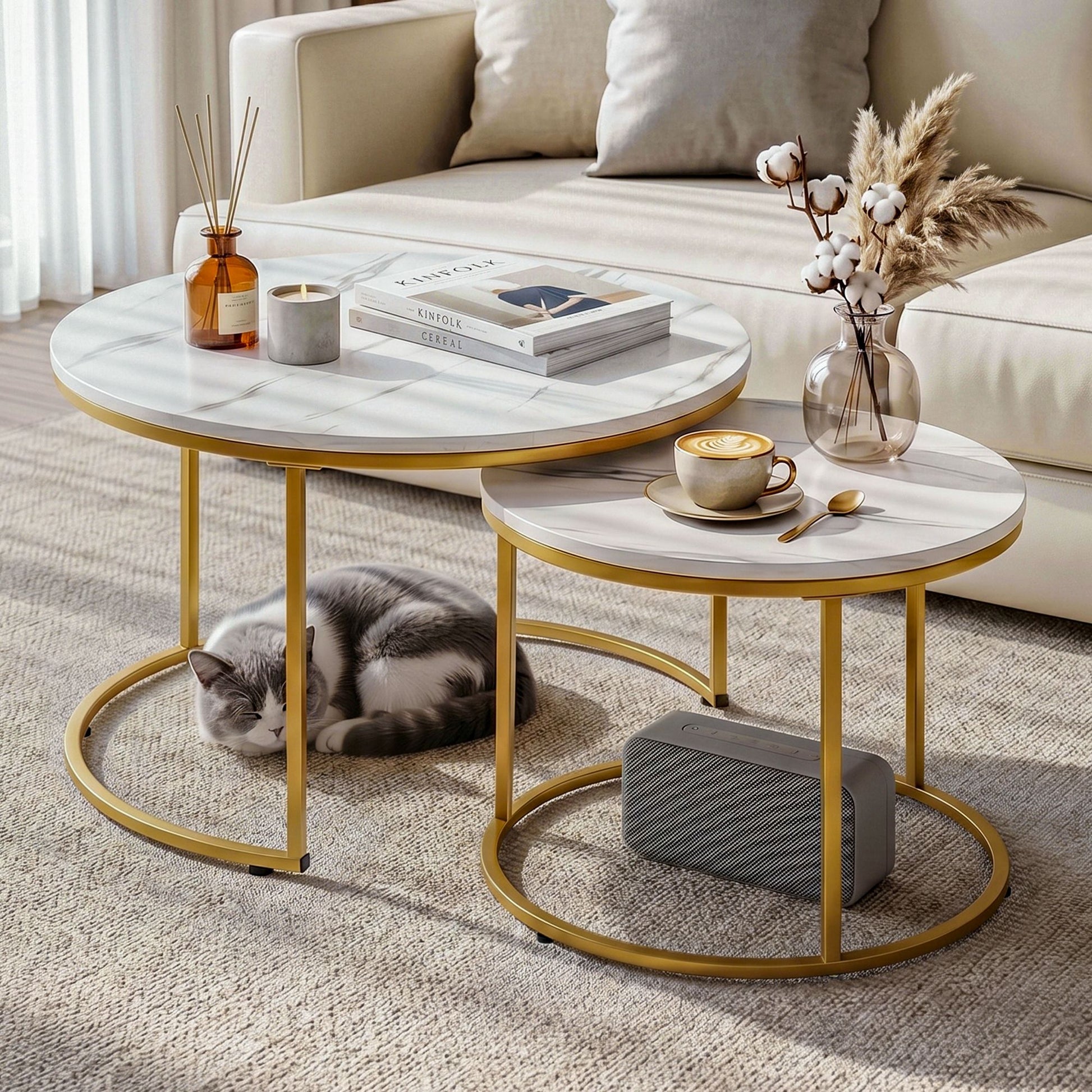 Marble Effect Nesting Coffee Tables Round White Gold | HomeA
