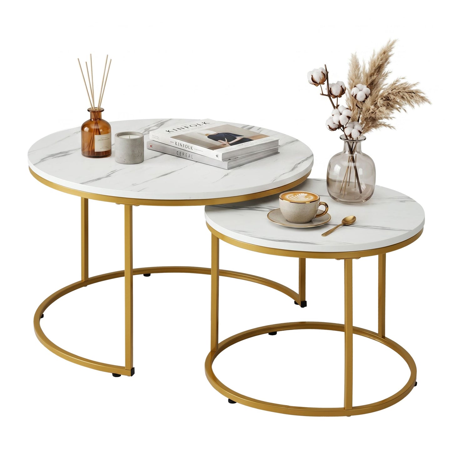 Marble Effect Nesting Coffee Tables Round White Gold | HomeA - 2