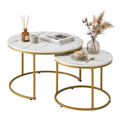 Marble Effect Nesting Coffee Tables Round White Gold | HomeA - 2