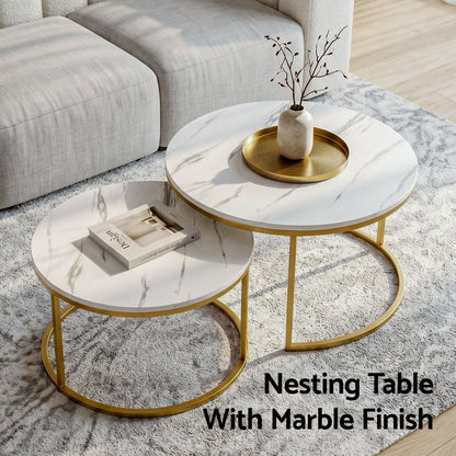 Marble Effect Nesting Coffee Tables Round White Gold | HomeA - 5