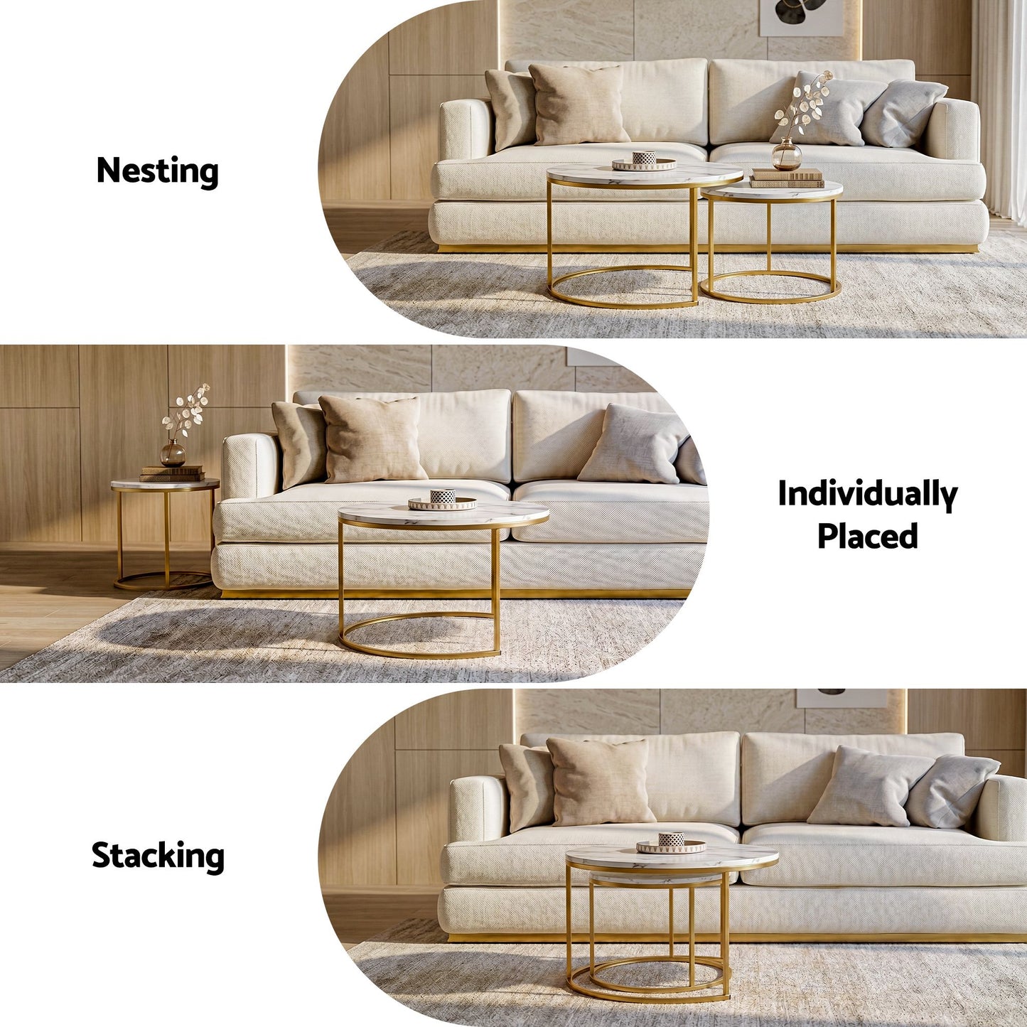 Marble Effect Nesting Coffee Tables Round White Gold | HomeA - 6