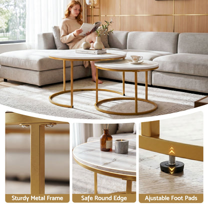 Marble Effect Nesting Coffee Tables Round White Gold | HomeA - 7